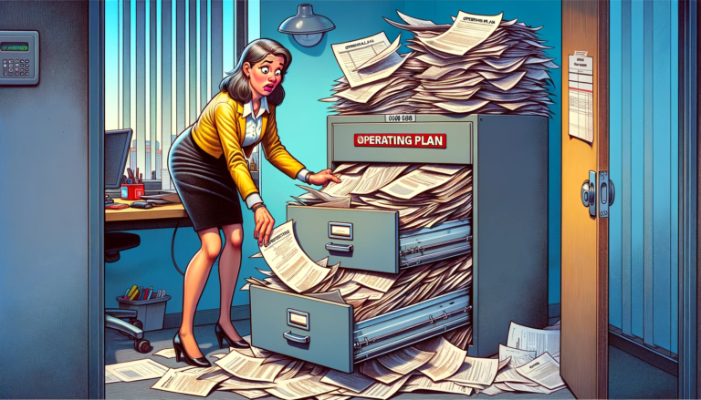Woman filing Operating Plan in a cabinet that holds dozens of old operating plans.